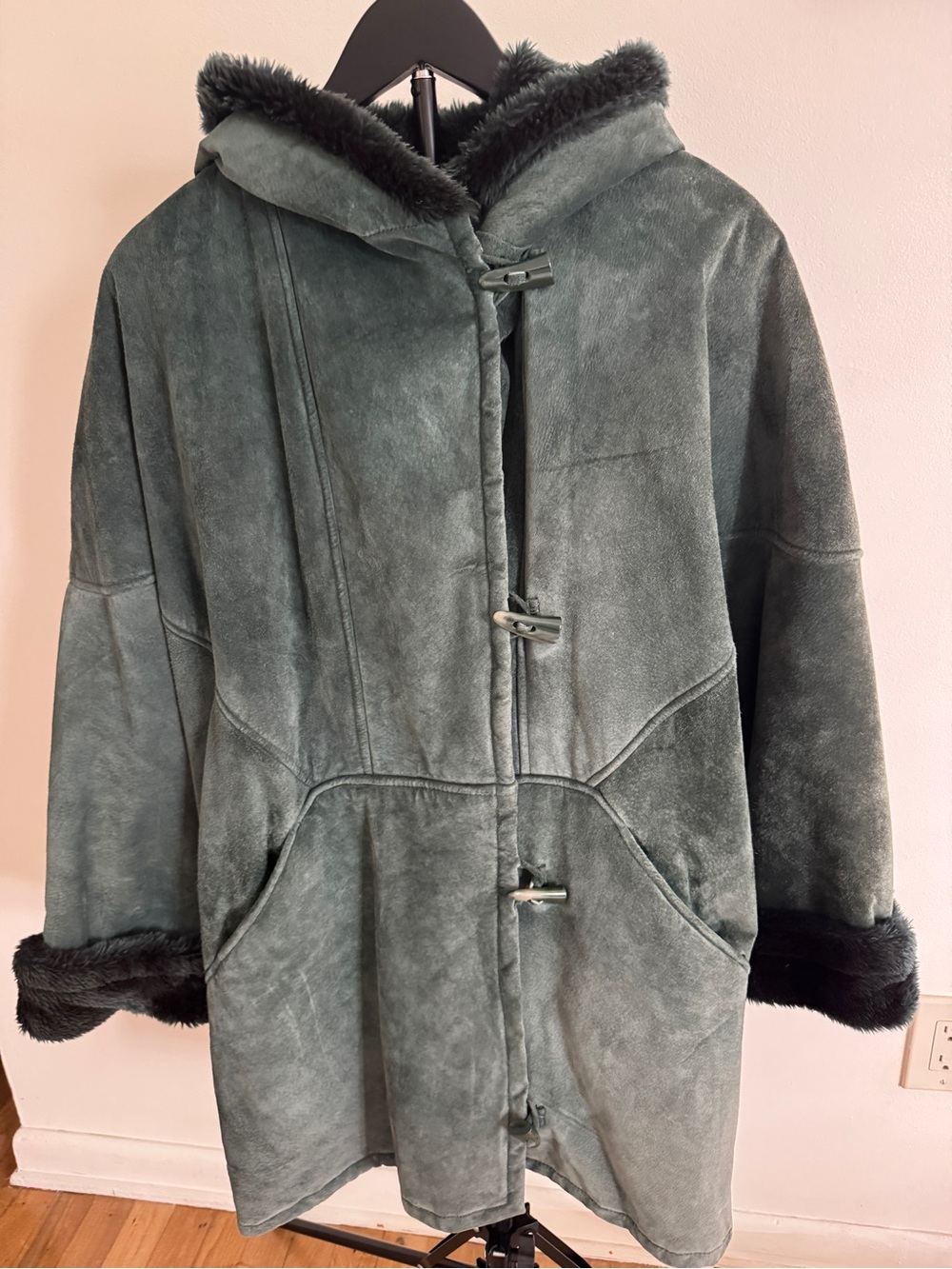 Synergy Women’s Genuine Suede Leather Hooded Faux Fur Toggle Coat Green Medoum